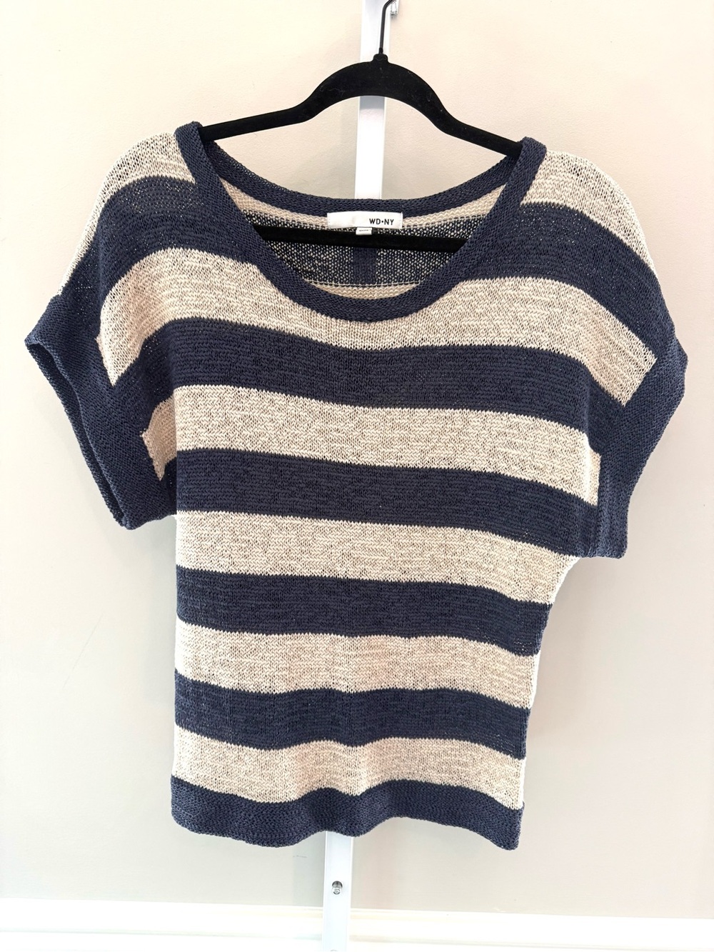 WD.NY Navy Cream Striped Knit Top Dolman Short Sleeve Sweater Nautical